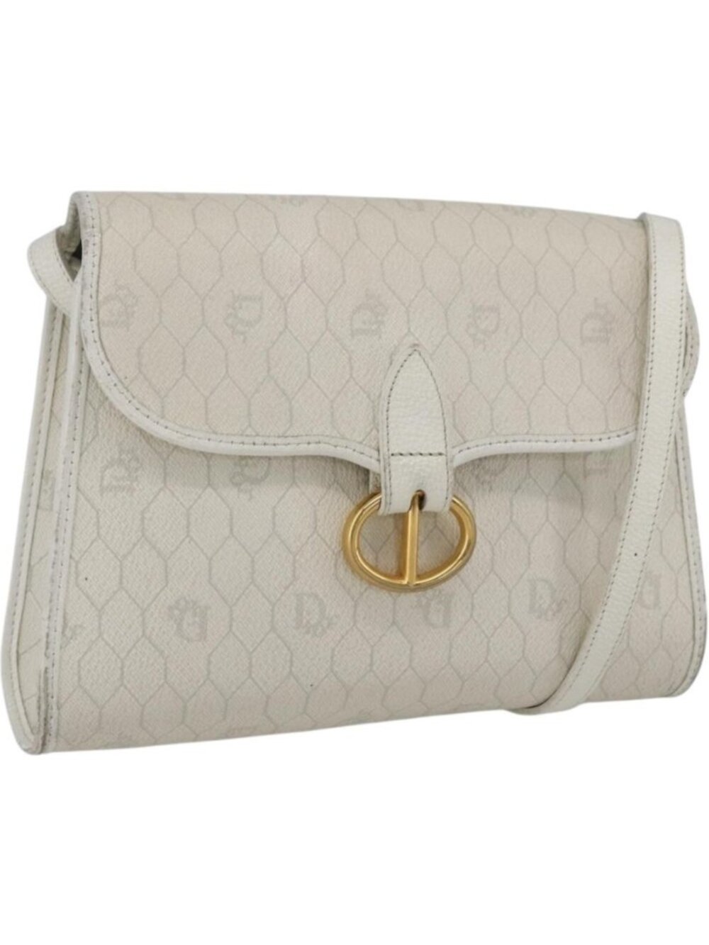 Christian Dior Honeycomb Canvas Shoulder Bag PVC White Gold